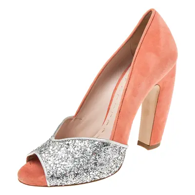 Miu Miu Silver/Coral Pink Coarse Glitter and Suede Peep-Toe Pumps Size 37.5