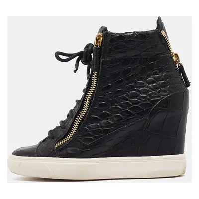 Giuseppe Zanotti Black Croc Embossed Leather Double Zipper High Top Sneakers Size