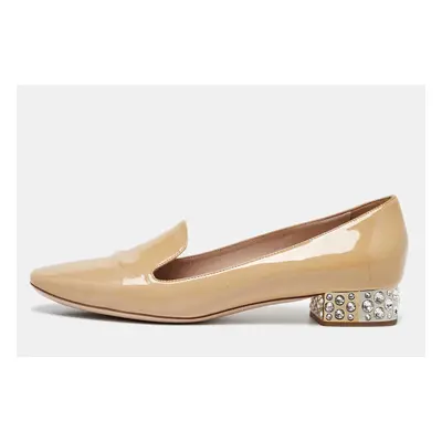 Miu Miu Beige Patent Leather Crystal Embellished Smoking Slippers Size 40.5