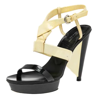 Sergio Rossi Cream/Black Patent Leather Platform Ankle Strap Sandals Size