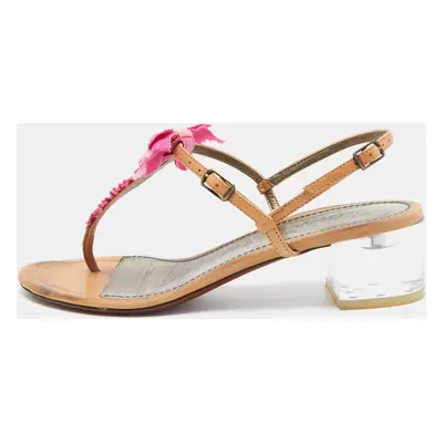 Lanvin Light Brown/Pink Leather and Fabric Bow Thong Ankle Strap Sandals Size