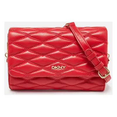 Dkny Red Quilted Leather Flap Chain Crossbody Bag