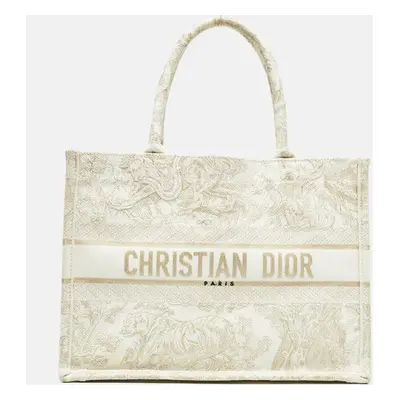 Dior Gold/White Toile De Jouy Embroidered Canvas Book Tote