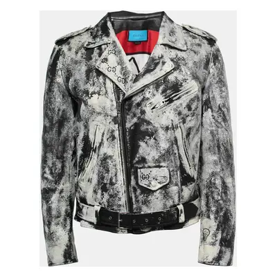 Gucci White/Black Hand Painted Leather Patch Detail Biker Jacket