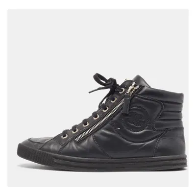 Chanel Black Leather CC High Top Sneakers Size 38.5