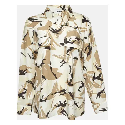 Kenzo Beige Camouflage Print Silk Blend Asymmetric Shirt