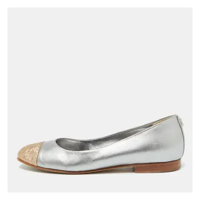 Chanel Grey/Gold Leather CC Cap Toe Ballet Flats Size