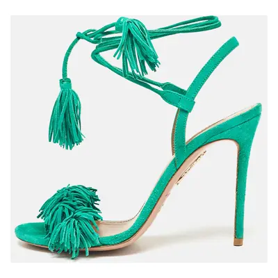 Aquazzura Green Suede Fringed Wild Thing Ankle Strap Sandals Size