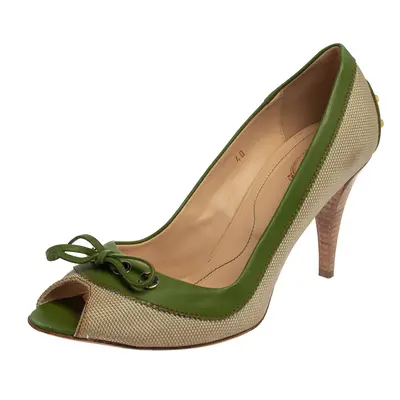 Tod's Beige/Green Canvas And Leather Peep Toe Slip On Pumps Size