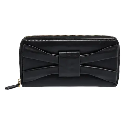 Valentino Black Leather Pleated Bow Continental Wallet