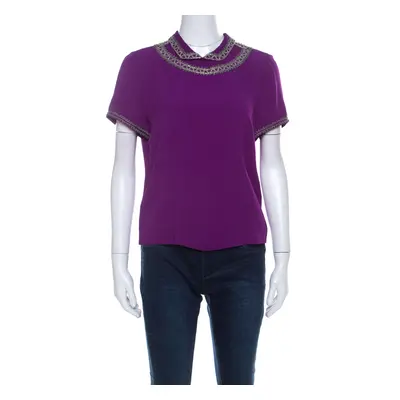 Isabel Marant Purple Silk Embellished Collar Half Sleeve Top