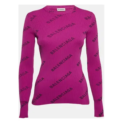 Balenciaga Purple Logo Print Rib Knit Full Sleeve T-Shirt