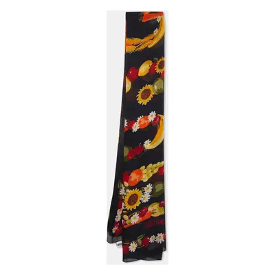 Moschino Black Floral Logo Print Silk Stole