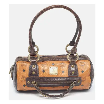 MCM Dark Brown/Cognac Visetos Coated Canvas and Python Embossed Leather Satchel