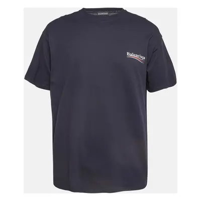 Balenciaga Navy Cotton Knit Logo Printed Crew Neck T-Shirt