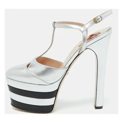 Gucci Silver Leather Angel T-Strap Platform Sandals Size