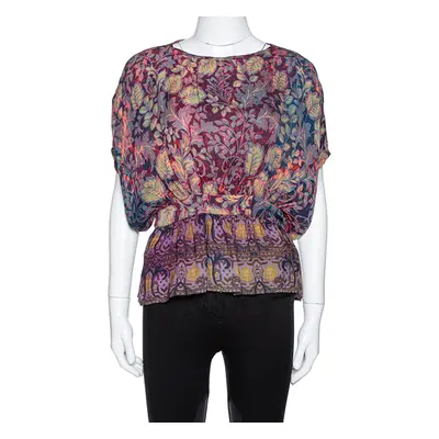 Etro Purple Leaf Print Silk Chiffon Peplum Blouse