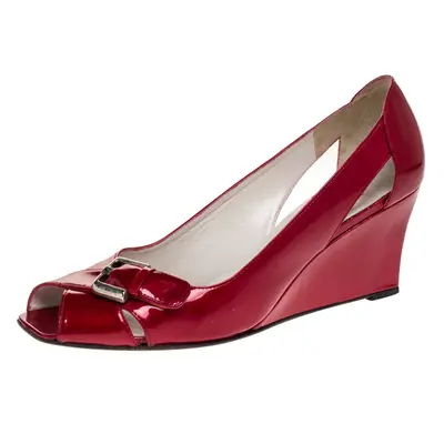 Stuart Weitzman Red Patent Leather Buckle Detail Open Toe Wedge Pumps Size