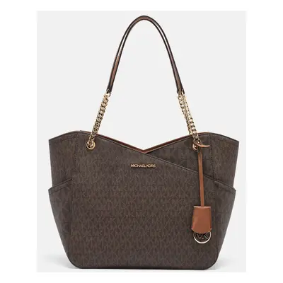 Michael Kors Dark Brown Signature Coated Canvas Jet Set Travel Tote