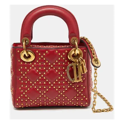 Dior Red Leather Mini Studded Supple Lady Dior Tote