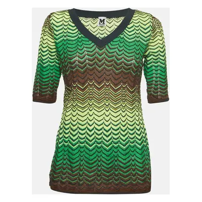 M Missoni Green Chevron Pattern Knit V-Neck Top