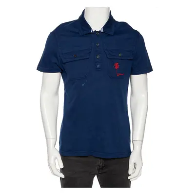 Just Cavalli Blue Cotton Palm Tree Embroidered Polo T Shirt