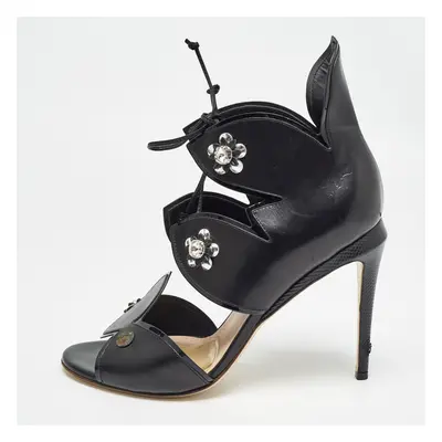 Fendi Black Leather Lace Up Crystal Embellished Sandals Size