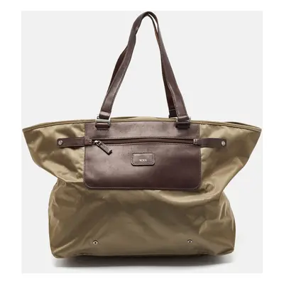 Tumi Khaki Green/Brown Leather and Nylon Packaway Shopper Tote