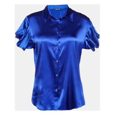 Roberto Cavalli Royal Blue Silk Satin Short Sleeve Shirt