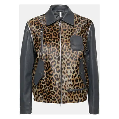 Faith Connexion Khaki and Navy Cheetah Print Detachable Sleeve Detail Moto Jacket