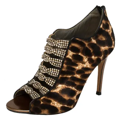 Gina Brown Leopard Print Calf Hair Embellished Sandals Size 37.5