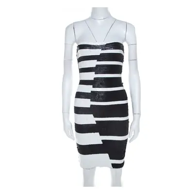 Hervé Leger Black and White Sequined Piano Strapless Cocktail Dress