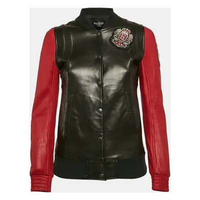 Balmain Black/Red Leather Applique Detail Bomber Jacket