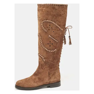 Le Silla Brown Laser Cut Suede Whipstitched Knee Length Boots Size