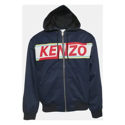 Kenzo Navy Blue Gabardine Logo Detailed Zip Front Hooded Jacket