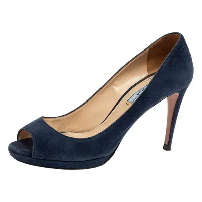 Prada Navy Blue Suede Peep-Toe Platform Pumps Size 38.5