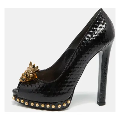 Alexander McQueen Black Patent Leather Skull Embellished Peep Toe Pumps Size