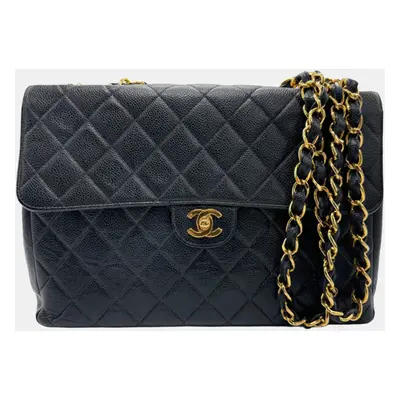 Chanel Black Caviar Leather Jumbo Classic Single Flap Shoulder Bag