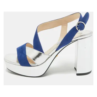 Prada Silver/Blue Leather and Suede Platform Slingback Sandals Size