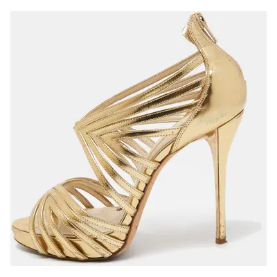 Oscar de la Renta Gold Leather Strappy Sandals Size 37.5