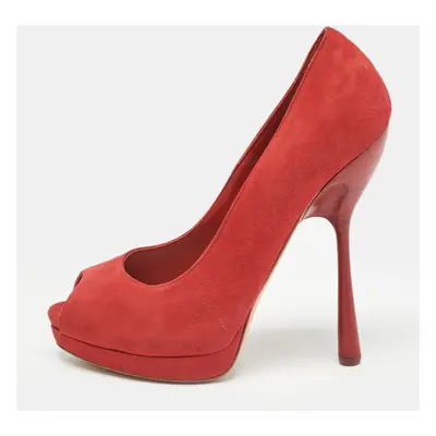 Alexander McQueen Red Suede Peep Toe Platform Pumps Size 38.5