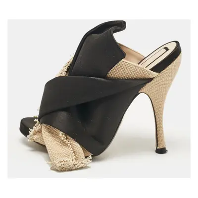 Nº21 Beige/Black Canvas and Satin Raso Knot Mules Size 35.5