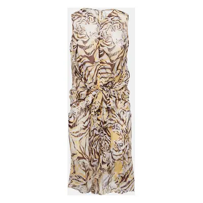 See by Chloe Brown/Yellow Tiger Print Silk Tie Waist Sleeveless Short Dress