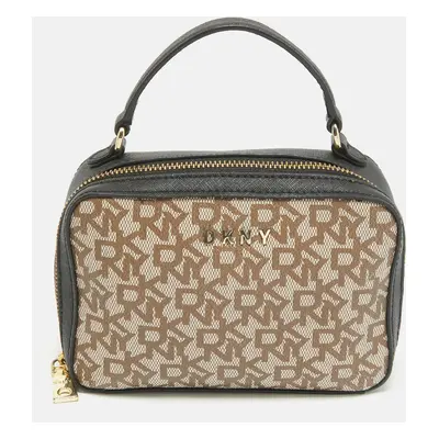 Dkny Black/Beige Monogram Coated Canvas and Leather Zip Top Handle Bag