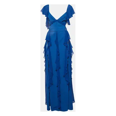 Elie Saab Blue Lace Trim Georgette Ruffled Gown