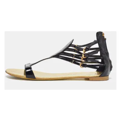 Giuseppe Zanotti Black Patent Leather Ankle Strap Flat Sandals Size