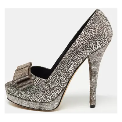 Fendi Silver/Grey Brocade Fabric and Suede Bow Open Toe Platform Pumps Size