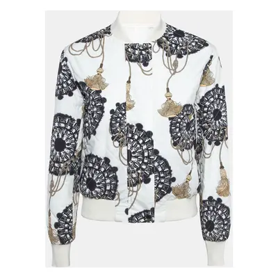 Hermes White Print Cotton Zip Front Biker Jacket