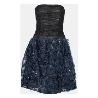 Oscar de la Renta Black Tulle & Floral Silk Sequin Embellished Mini Dress