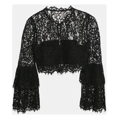 Self-Portrait Black Lace Flared Sleeve Button Front Crop Top